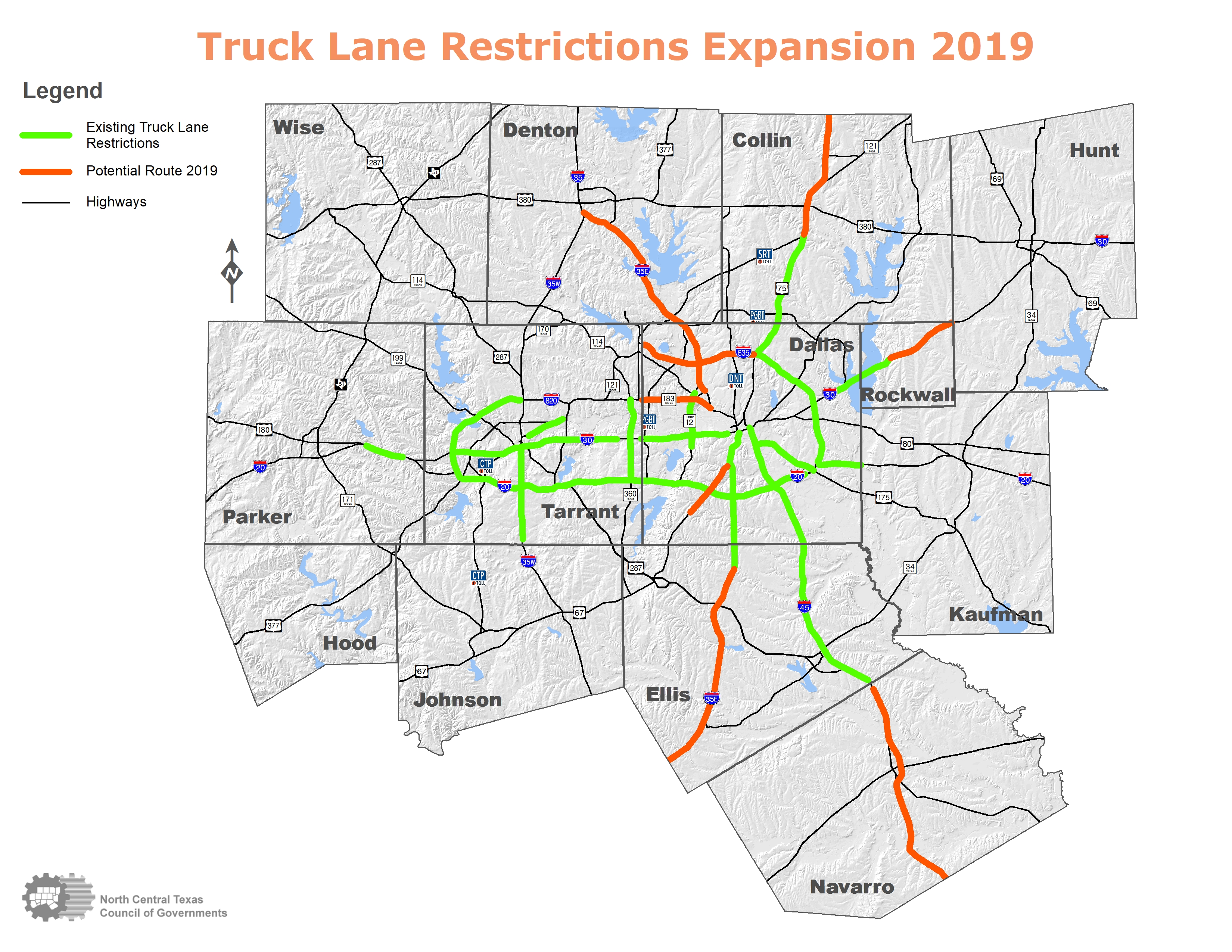 This is a map of Truck Lane Restrictions Expansion of 2019 in North Central Texas counties. For more information please contact Brian Wilson at 817-704-2511