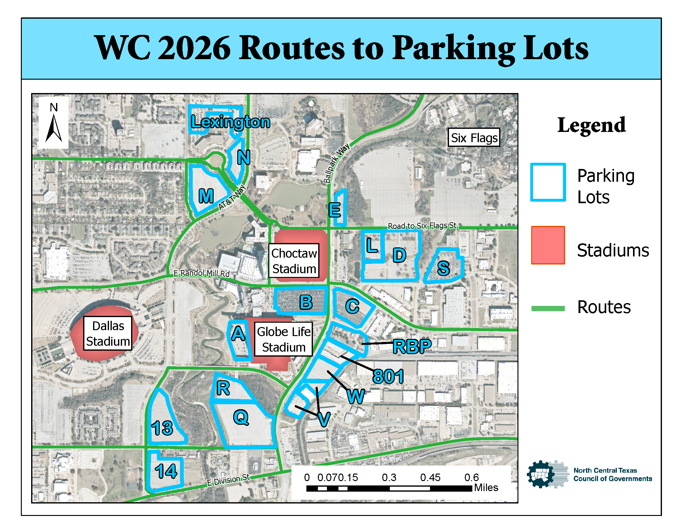 A regional traffic map detailing parking zones designated A through S for the Dallas stadium and Globe Life stadium area. The map includes major roadways such as N. Collins Street, E. Randol Mill Road, and Nolan Ryan Expressway. Parking zones are color-coded and outlined, with specific facilities labeled including the Live! Garage, Choctaw Stadium, and designated lettered zones (e.g., A, B, C, D, E, F, G, H, K, L, M, N, Q, R, S, T, V, W, 801, and 15). The map includes a directional compass pointing north and a scale bar representing 0.7 miles.