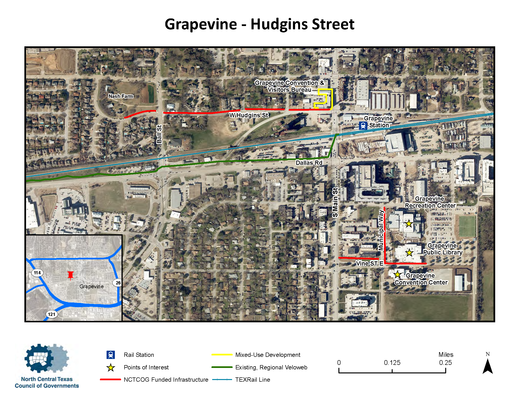 aerial graphic of Grapevine's Hudgins St. development