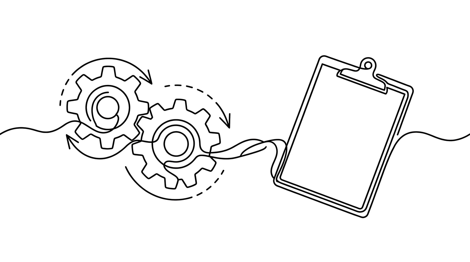 A black and white drawing of line starting from left connecting gears spinning in a clockwise motion and going to the right to connect to a clipboard.
