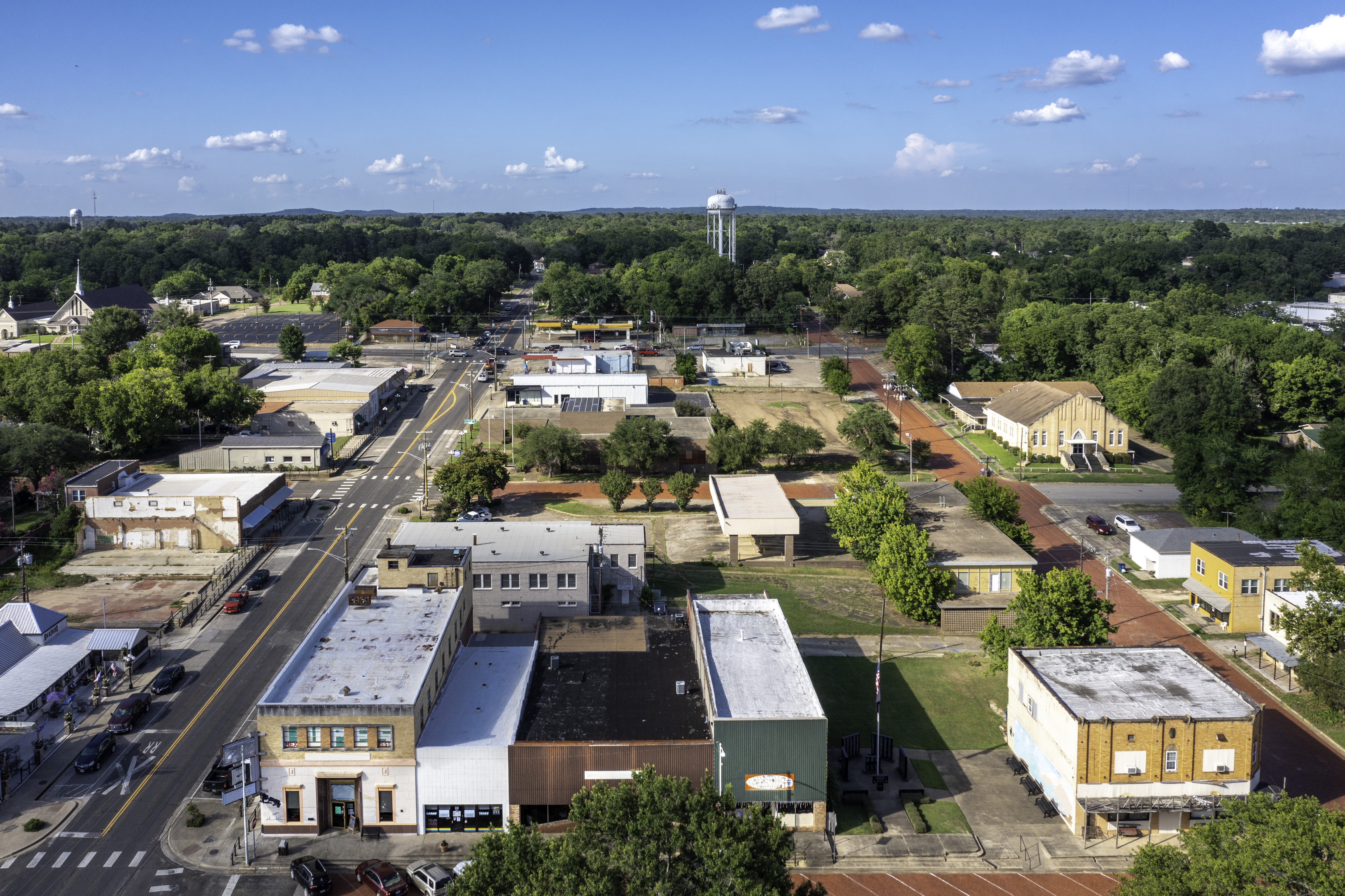 Top down view of several buildings in a small city