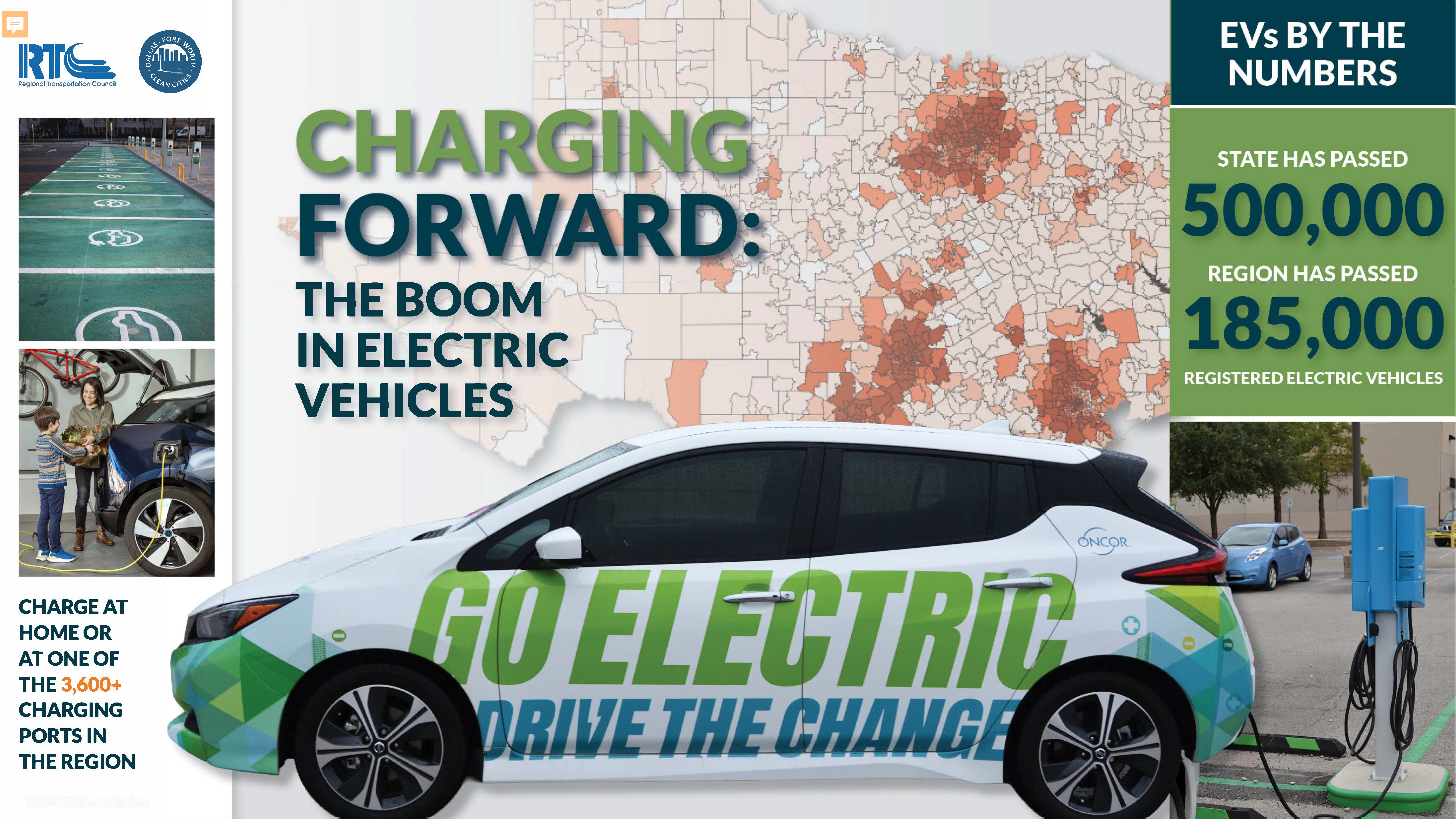 Graphic titled 'Charging Forward: The Boom in Electric Vehicles' featuring electric vehicles charging, a regional heat map, and statistics showing over 500,000 registered EVs in the state and 185,000 in the region.