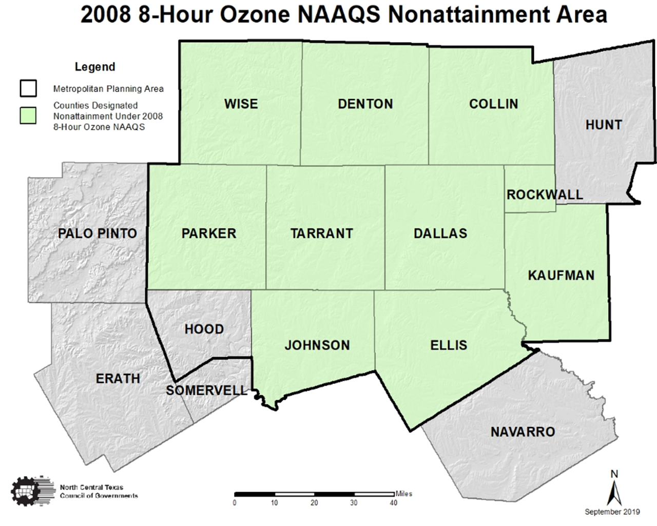 This is a map of North Central Texas counties in the 2008 8-hour ozone NAAQS nonattainment areas