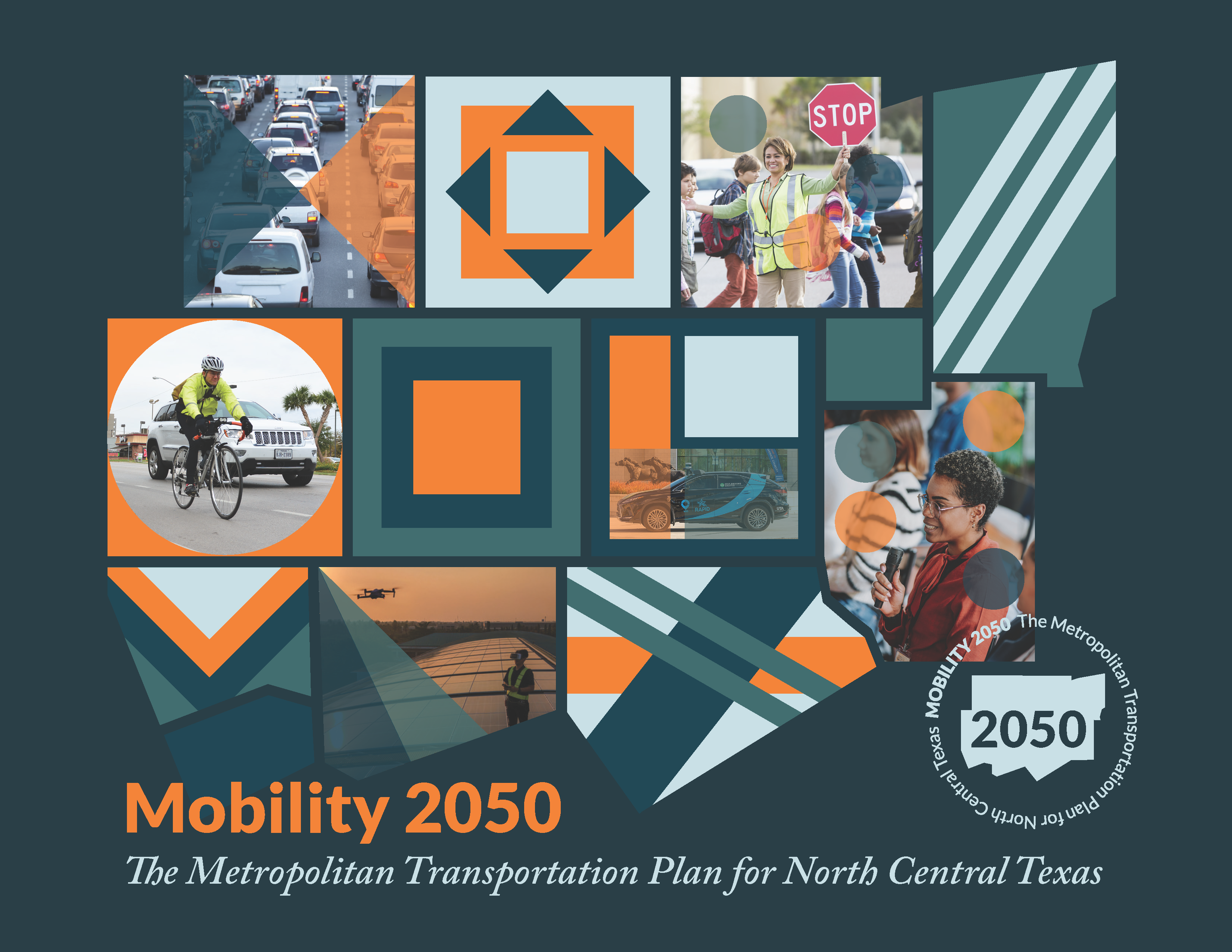 A thumbnail image of the cover of Mobility 2050 featuring the shape of the dallas fort worth region and mobility icons