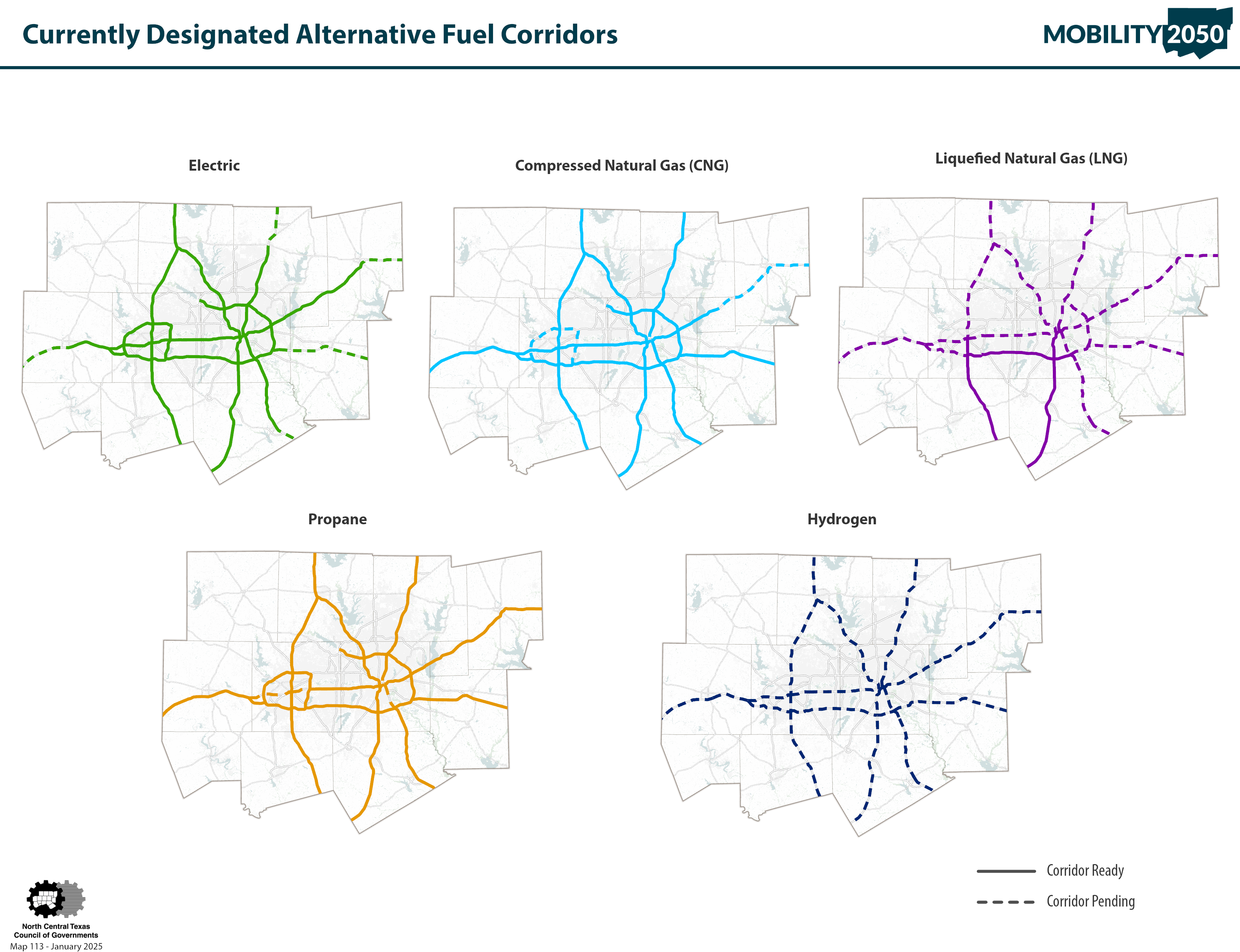 Maps of the electric, compresses natural gas, liquified natural gas, propane, and hydrogen alternative fuel corridors in the North Central Texas region.