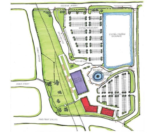 Map with an aerial view of the Intermodal Transit Center project in Denton, Texas