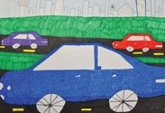 Child's drawing of cars on a highway