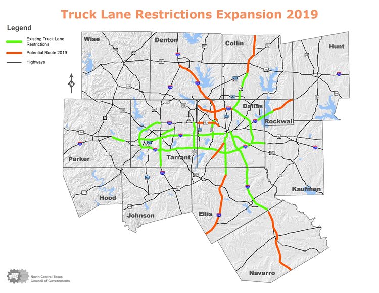 This is a map of Truck Lane Restrictions Expansion of 2019 in North Central Texas counties. For more information please contact Brian Wilson at 817-704-2511