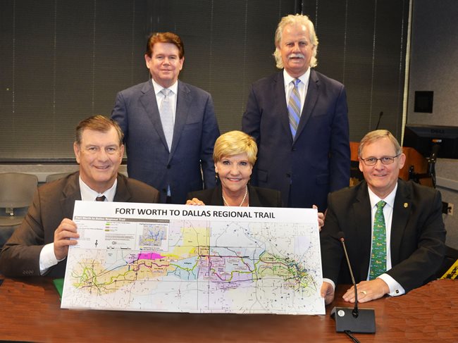 Image of the RTC. Mayors Mike Rawlings of Dallas, Jeff Williams of Arlington, Betsy Price of Fort Worth; Ron Jensen of Grand Prairie and Rick Stopfer of Irving.
