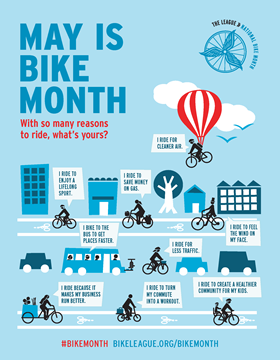 This is an image of a bicycle banner displaying text "May is Bike month. With so many reasons to ride, what's yours?"