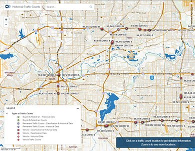 A smaller image of NCTCOG's interactive traffic count map including Bicycle and pedestrian, permanent traffic, and vehicle counts and data.