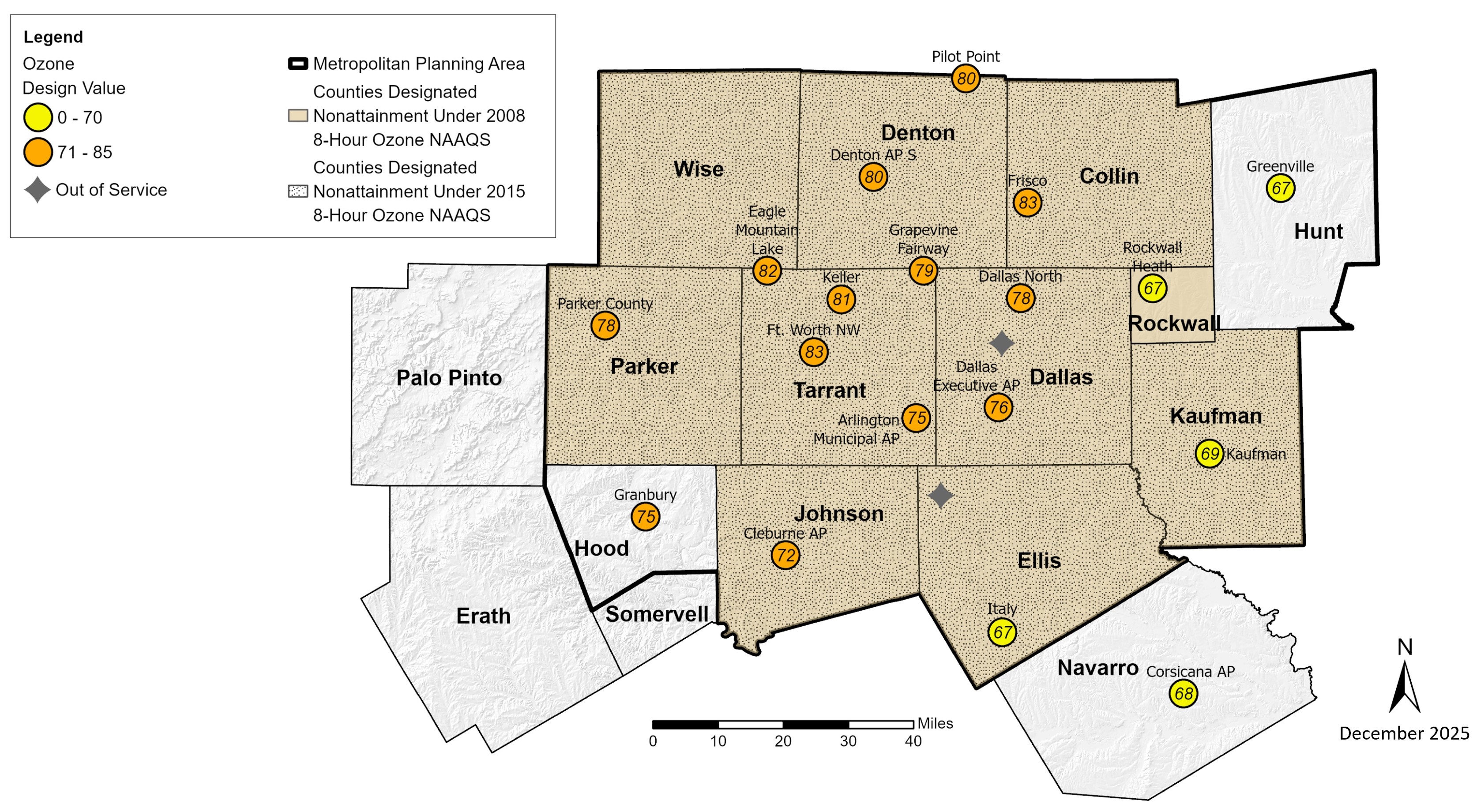 Map of ozone design values in the North Central Texas region.