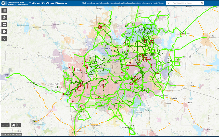 This is an interactive map of bike trails in the region. For more information please contact Kevin Kokes at 817-695-9275.