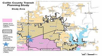 Map thumbnail of Collin County Transit Planning Study area, outlining DART, cities requesting planning assistance, and Transportation Management Association