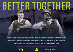 Better Together! Campaign Ad with stwo Transit employees bumping elbows and wearing masks to avoid disease