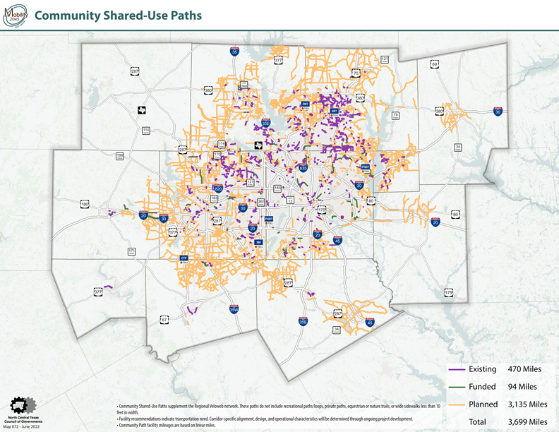 map of community share use paths in DFW region