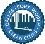 Decorative Official New Logo of the Dallas-Fort Worth Clean Cities Program with Blue and White Cog background