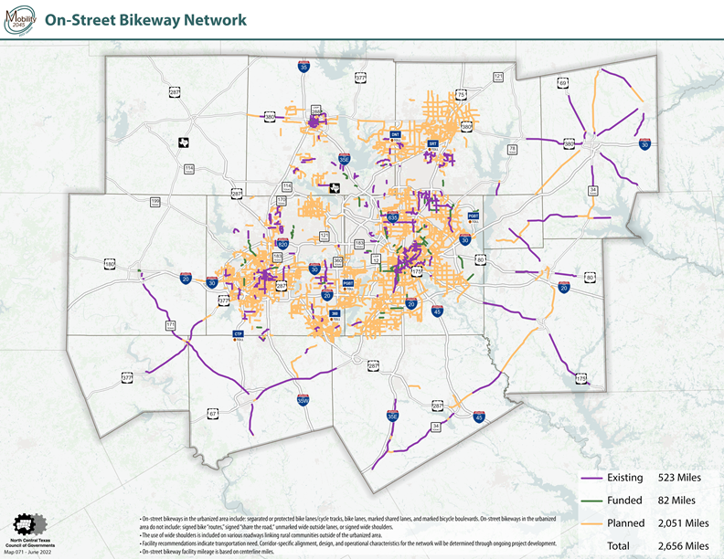 map of on-street bikeway network in DFW region