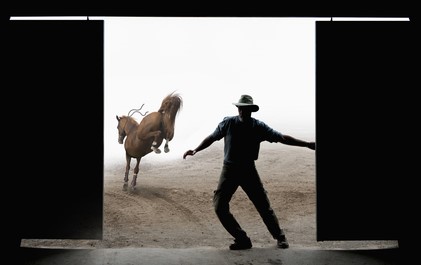 Horse bucking out of barn door