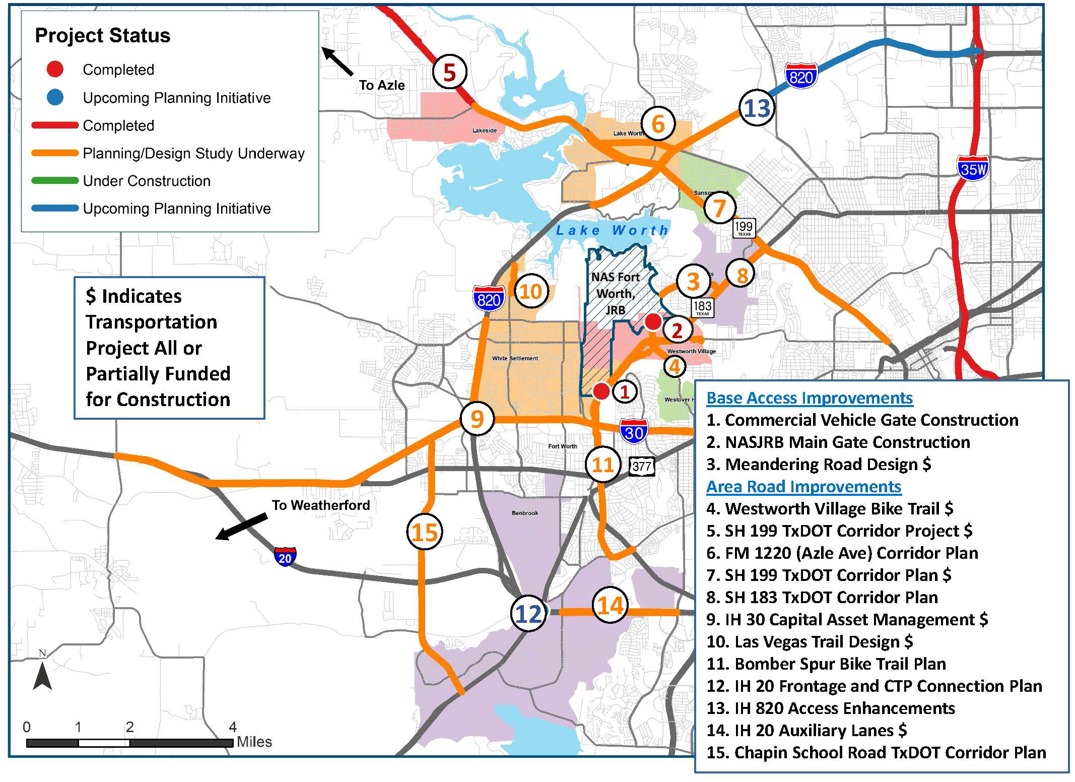 Map showing status of transportation projects surrounding NAS JRB Fort Worth