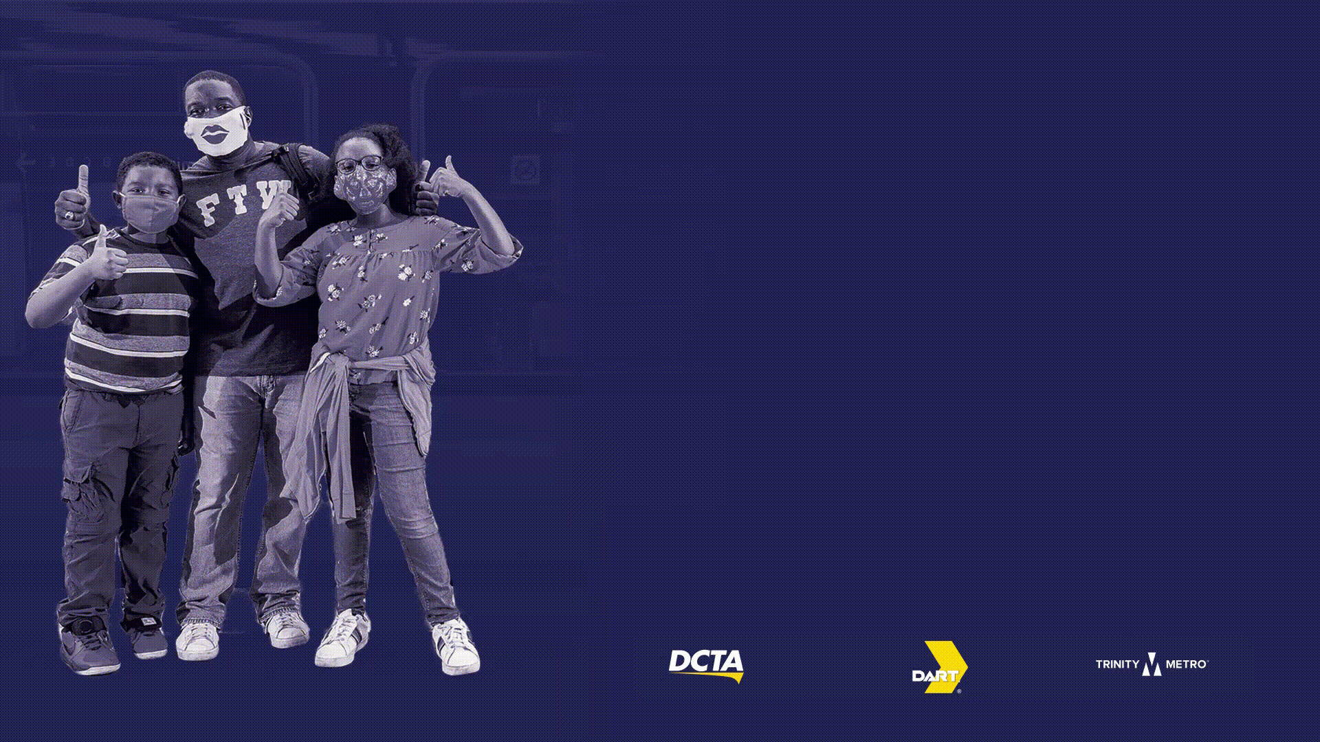 An animated GIF of a family riding a cleaned transit system with the words we are in this together help DART, DCTA, & Trinity Metro help prevent Covid