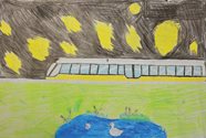 Child's drawing of a duck in a pond nearby a train at night.