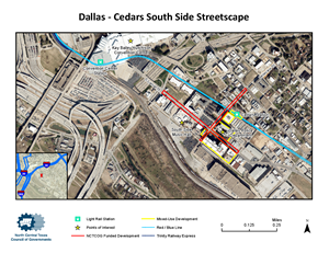 Map showing the location of the Dallas Cedars South Side Streetscape and surrounding development