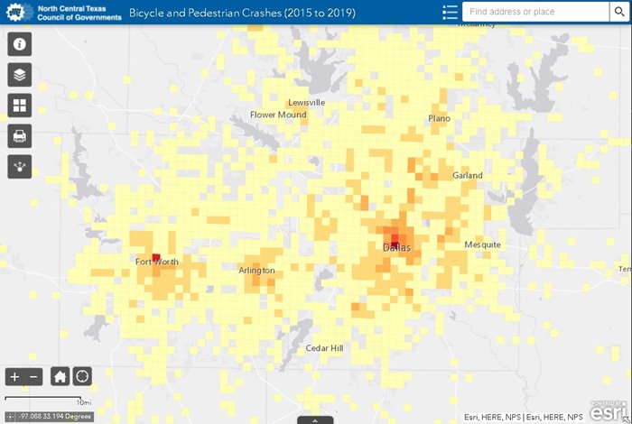 Thumbnail of interactive map of bicycle and pedestrian crashes from 2015 to 2019, displaying the most crashes in Dallas, Texas