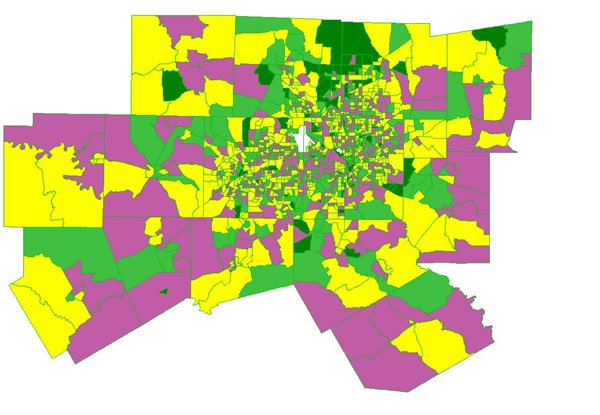 Map showing the percentage growth by census tract from 2016-2017. Areas of sustained growth indicating as Northern Tarrant, Collin, Alliance, Denton county and more outlying areas.