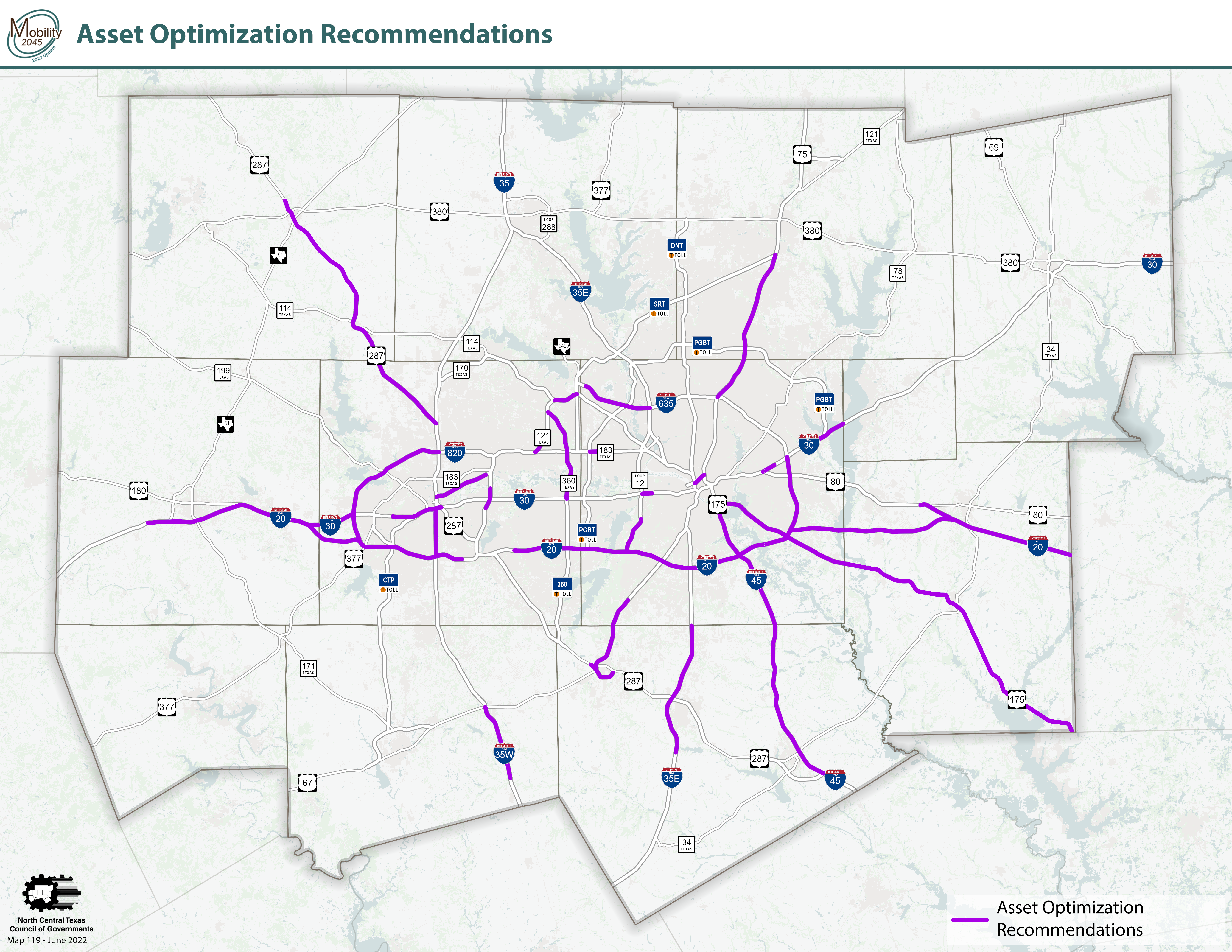 This map shows the asset optimization corridor projects and includes a table of content with the roads that will be affected by Mobility 2045