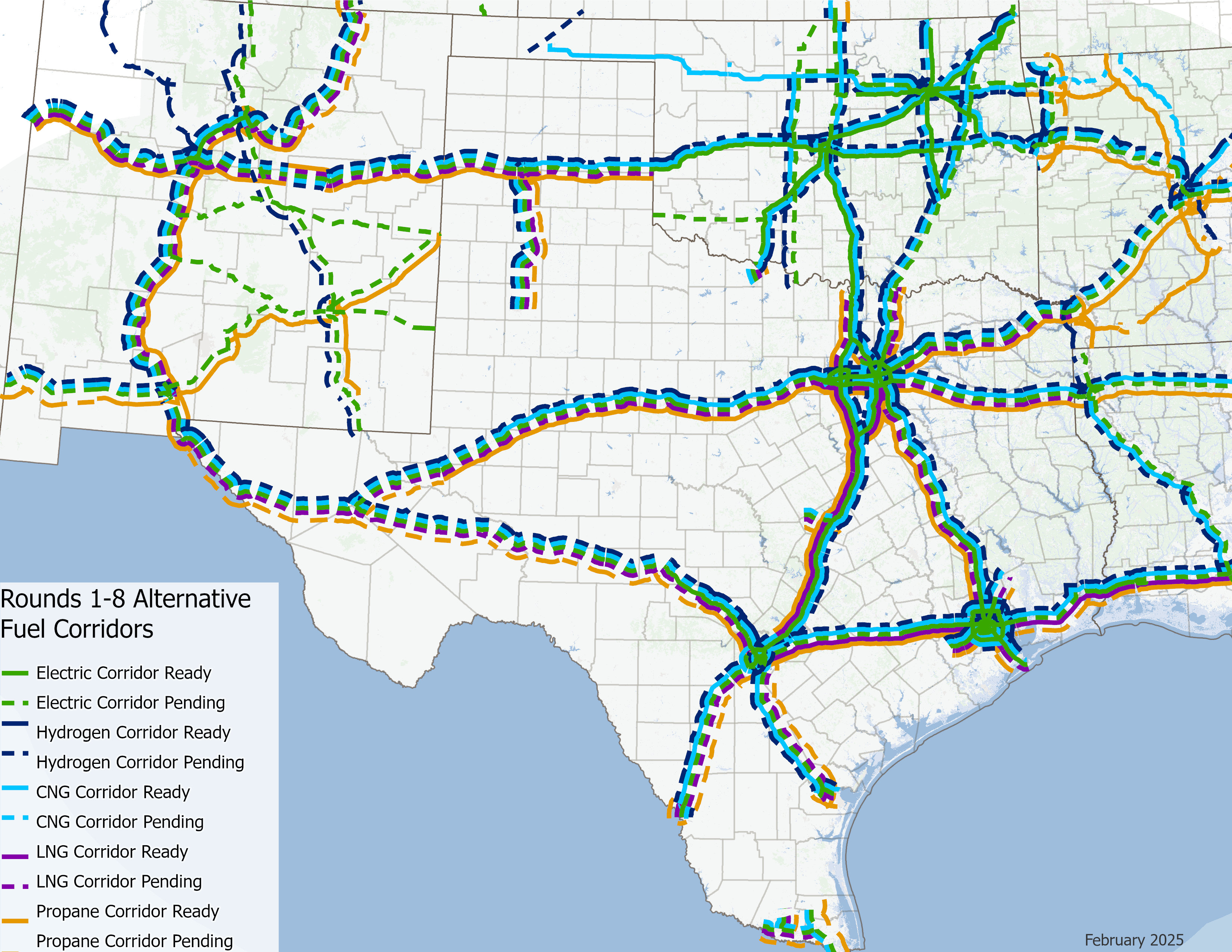 A map of Rounds 1-8 Alternative Fuel Corridor nominations in Texas.