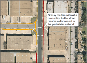 Identifying major arterial roadways without a marked crossing.